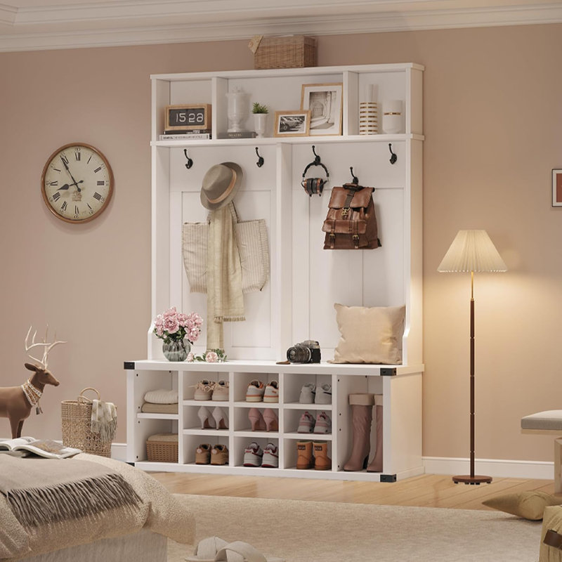 Hall Tree with Shoe Storage Bench, 4-in-1 Entryway Bench with Coat Rack & Adjustable Shlef, Hall Tree with Metal Corner & 5 Tri-Hooks for Entryway, Bedroom, Living Room