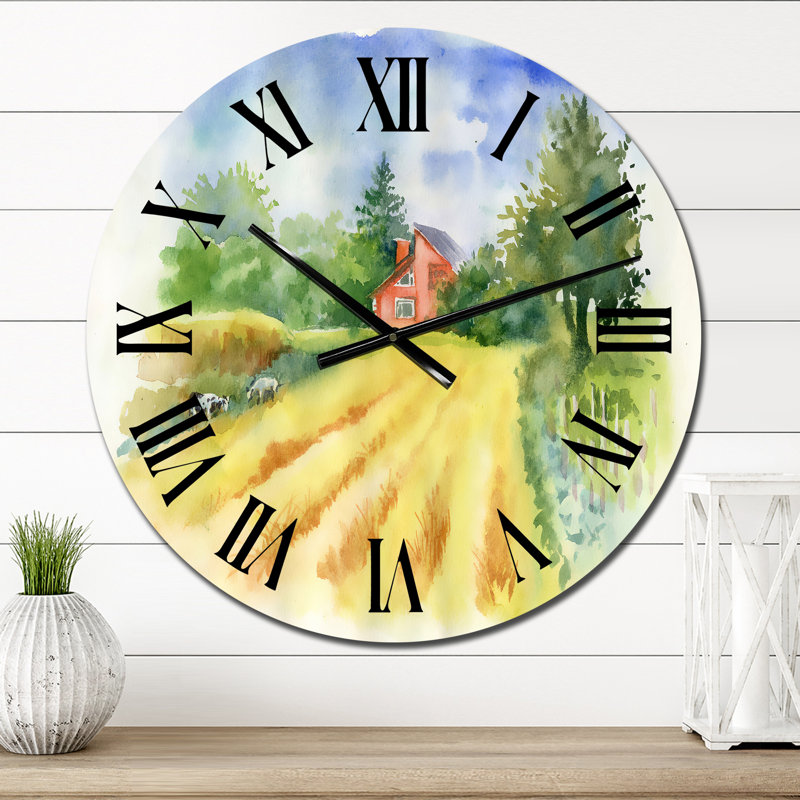 Horloge murale champ et vaches avec maison, Surdimensionné