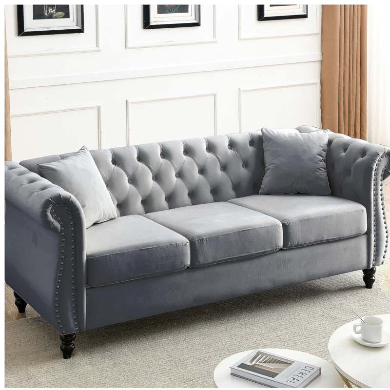 80" Chesterfield Sofa Grey Velvet for Living Room, 3 Seater Sofa Tufted Couch with Rolled Arms and Nailhead, Gray