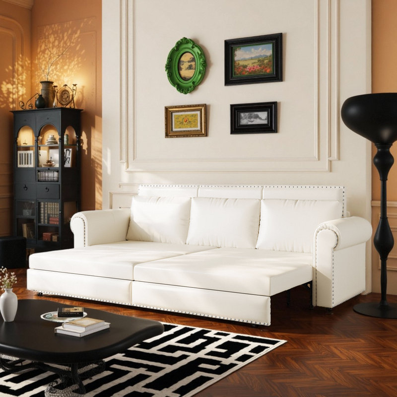 93.7 Inch 3 in 1 Convertible Sleeper Sofa Bed Chesterfield Sofa King Pull Out Sofa Bed, White