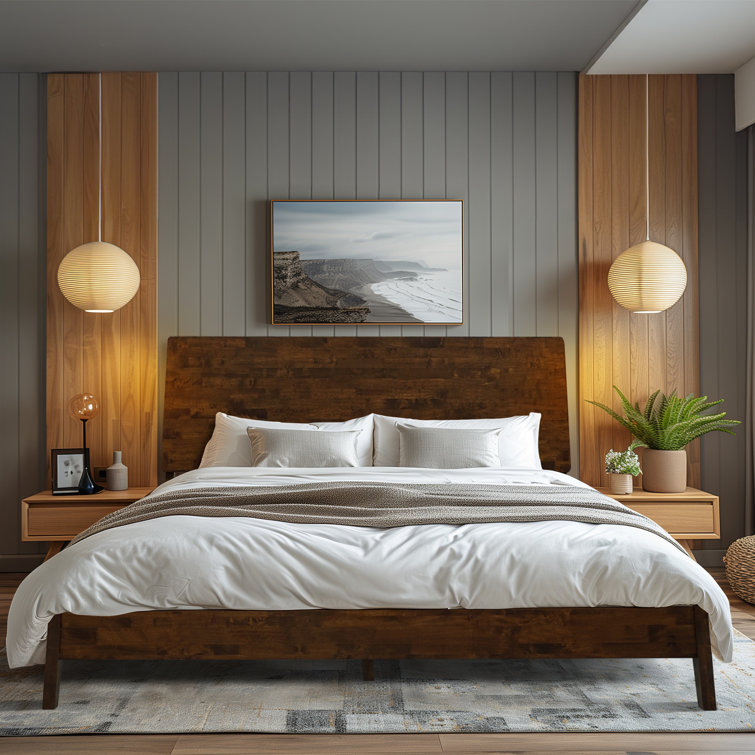Sererity Solid Wood Bed Frame with Headboard, Scandinavian Signature High Headboard Wood Bed