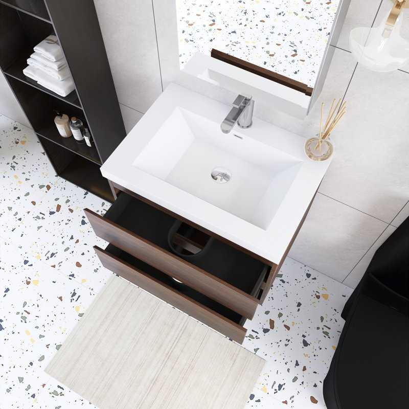 24'' Wall-Mounted Single Bathroom Vanity  With Integrated Resin Top, Rose Wood