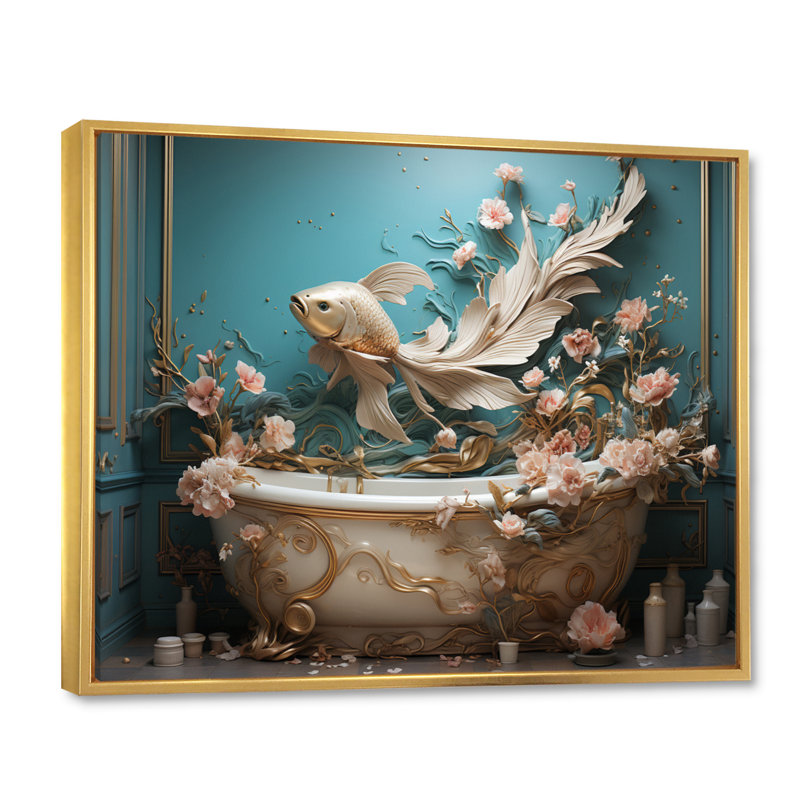 Art déco de salle de bain II - Art mural de salle de bain, H 16 po x l 32 po x P 1 po, Cadre flottant doré