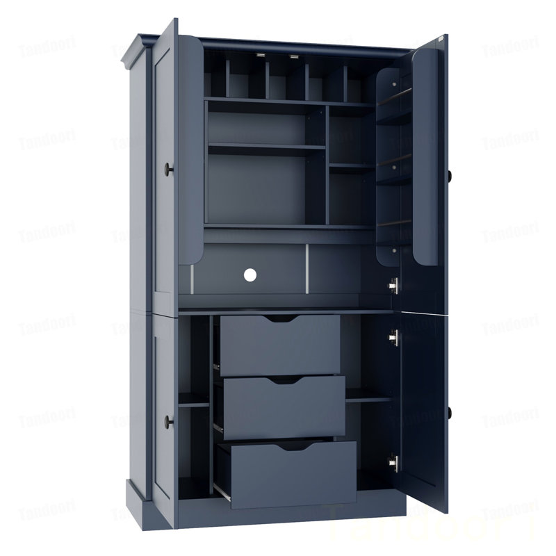 Armoire de cuisine autoportante, poste de travail de rangement haut avec 4 portes, 3 tiroirs, 6 tablettes de porte, tablettes amovibles et 6 porte-bouteilles pour la salle à manger,
