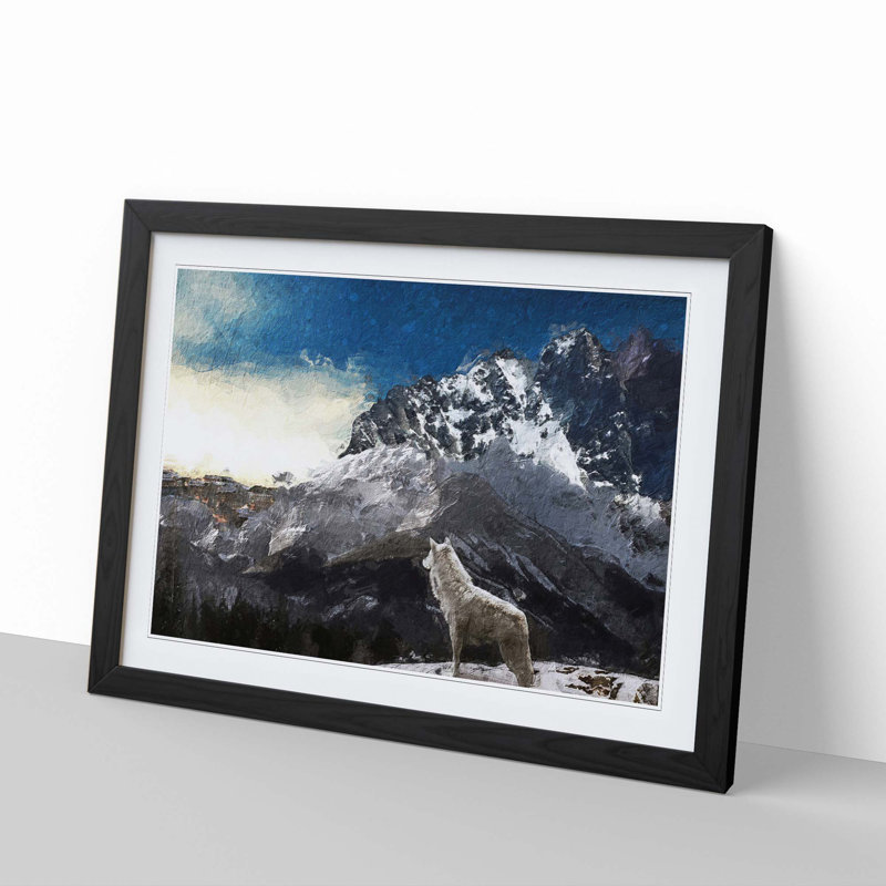 White Wolf with a Mountain Landscape - Picture Frame Painting Print, 36cm H x 48cm W x 2cm D, Black Framed