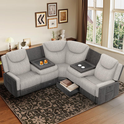 5-Seats Grey Linen & Chocolate Leather Manual Reclining Corner Sectional Sofa Set With Flip Middle Backrest, USB Ports & Cup Holders