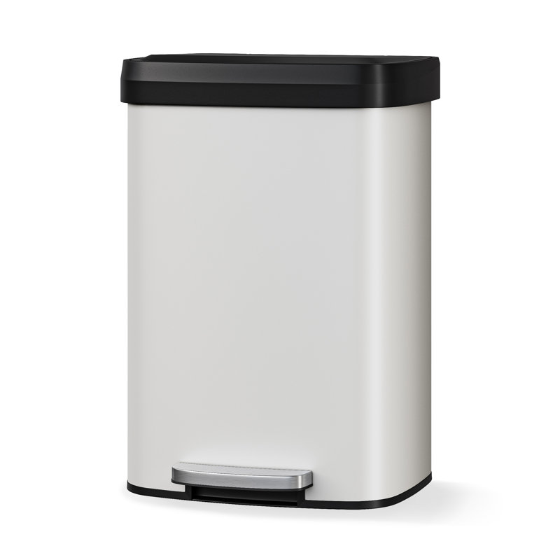 13 Gallon / 50L Stainless Steel Step-On Kitchen Trash Can, Soft-Close Lid, Removable Inner Bucket, Odor Filter, Liner Rim, Rear Handle, Large Capacity Bin for Home, Kitchen, Office, White