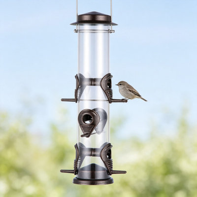 Metal Bird Feeder with Six Feeding Ports, Tube Bird Feeder with Steel Hanger, Hard Plastic Wild Bird Feeder for Outdoors Hanging, Attracting Birds to Your Lawn, Garden, Balcony, Coffee