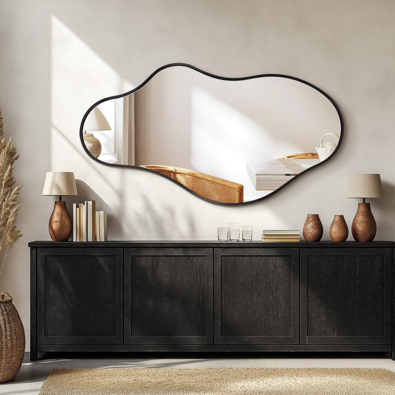 Irregular Metal Framed Wall Mirror, Asymmetrical Mirrors for Bathroom, Black, 50 cm H x 91 cm W