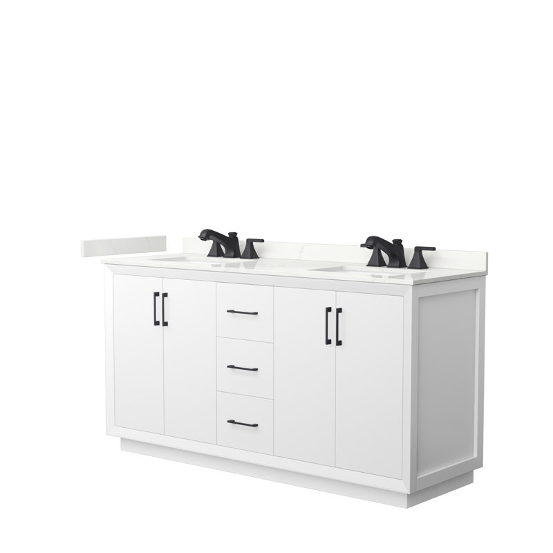 Strada 66" Freestanding Double Bathroom Vanity with Cultured Marble Top, White, Matte Black, Giotto Quartz