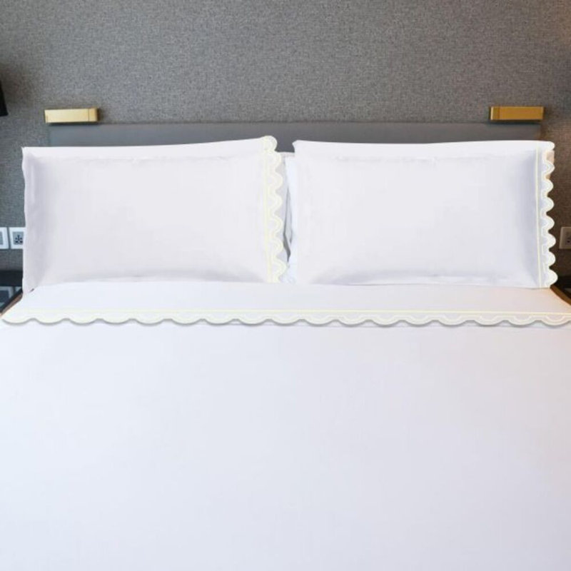 400TC U Shape Scallop Embroidery Cotton 4 Piece Sheet Set Fitted Sheet Fits Upto 16" Deep Pocket, Full XL Fitted Sheet