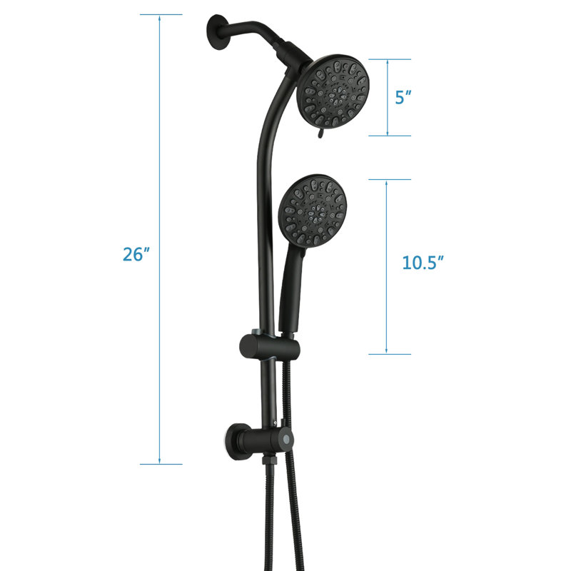 Douche à main à 7 jets avec pluie de 5 pouces et barre coulissante réglable de 26 po, double débit de 1,8 gal / min, installation, acier inoxydable ABS noir, pomme à angle réglable, 7 modes de jet pour une pomme de douche à domicile,