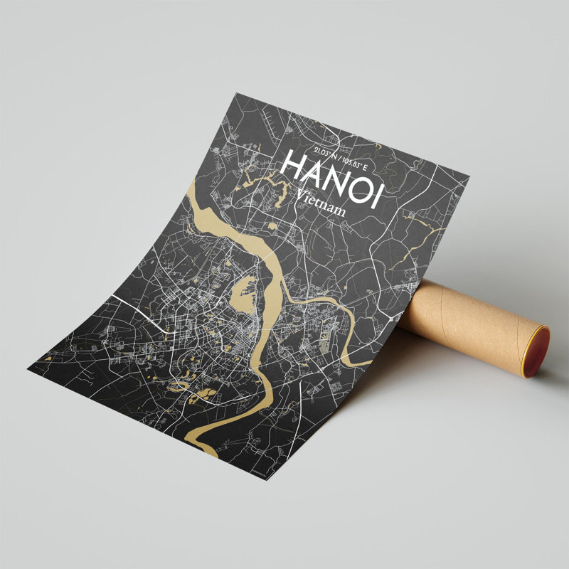 Hanoi, carte de la ville, impression, Noir et or, H 20 po x l 16 po