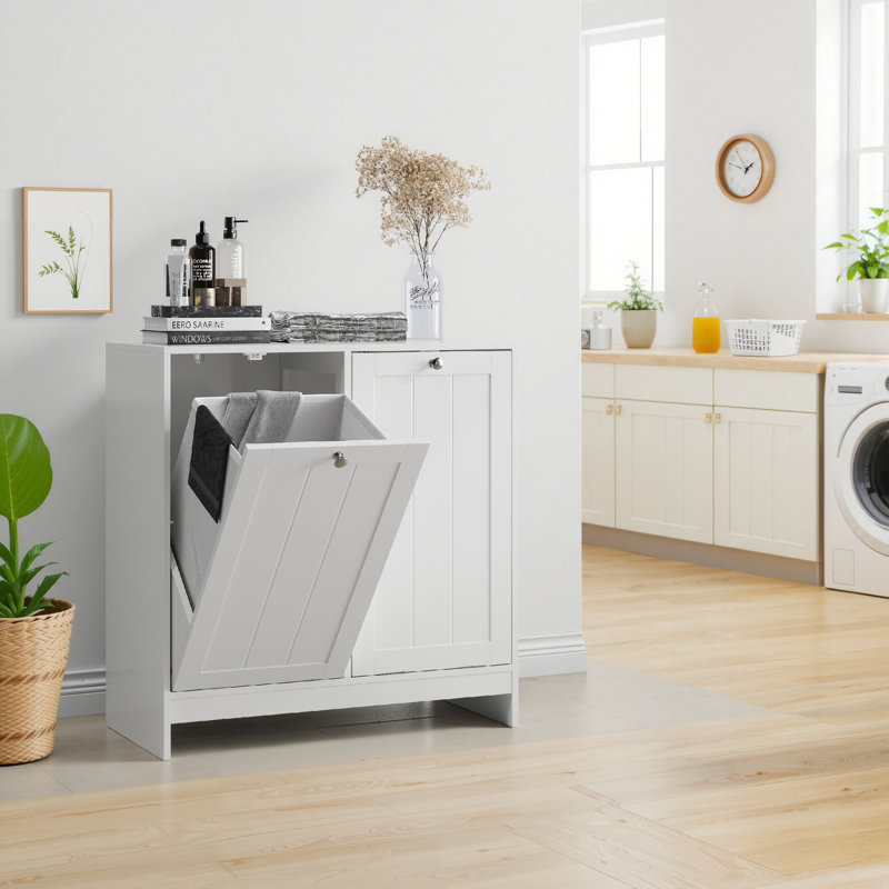 Panier à linge caché et inclinable avec 2 paniers amovibles | Armoire de rangement pour salle de bain et organisateur autoportant | Fabrication en MDF robuste | Blanc