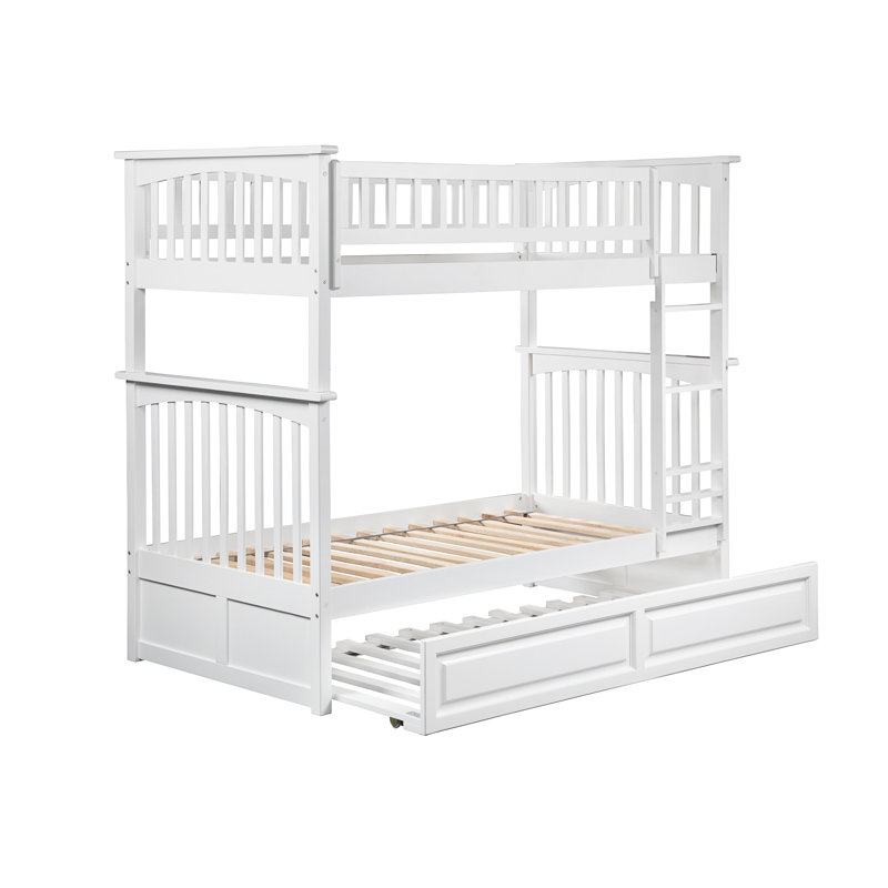 Lit superposé standard en bois massif avec lit gigogne Flinn, Simple au dessus de simple, Blanc