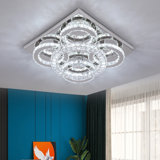 Lustre en cristal moderne à 5 anneaux et 5 côtés, plafonnier en cristal de lune à DEL, luminaire suspendu blanc froid, luminaire suspendu en cristal encastré pour salle à manger, salle de bain, chambre à coucher, salon, à intensité variable bicol