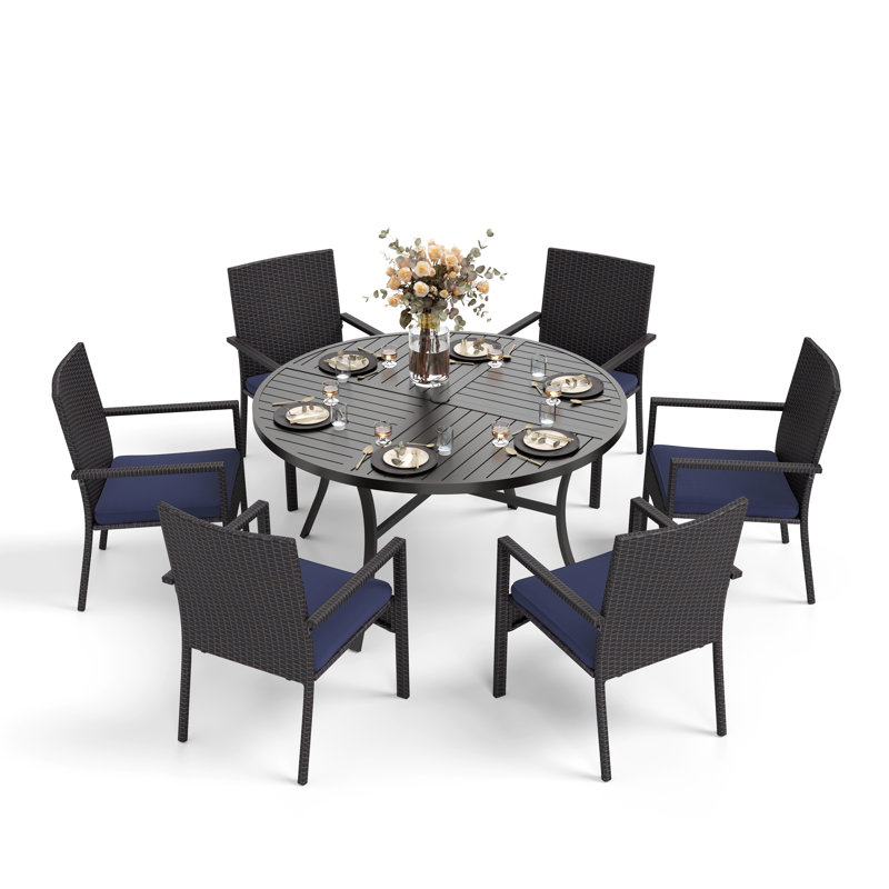 Sutiya 6 - Person Patio Dining Set with Round Table , Cushions Included, Blue
