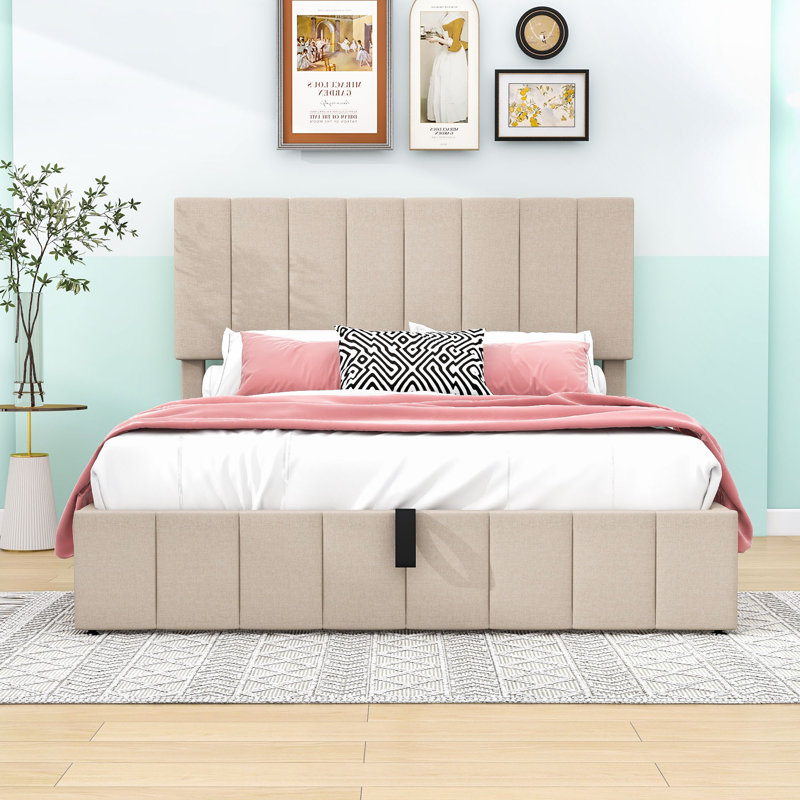 Upholstered Platform Bed with a Hydraulic Storage System, Beige, Queen