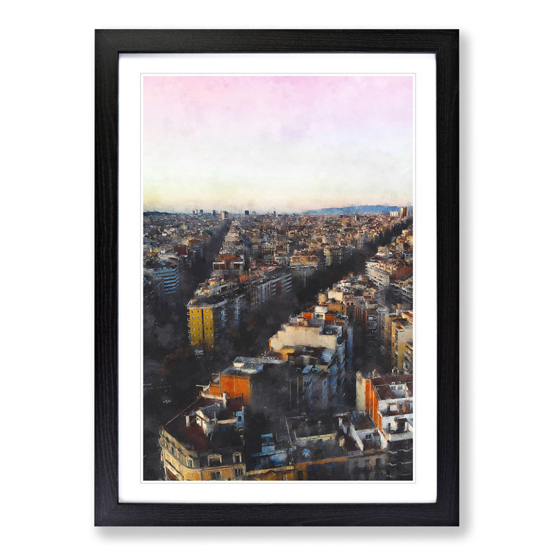 View of Barcelona in Spain - Picture Frame Painting Print, 45cm H x 33cm W x 2cm D, Black Framed