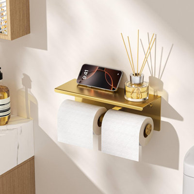 Porte-papier hygiénique double face en acier inoxydable avec tablette et support pour téléphone, organisateur de papier hygiénique mural