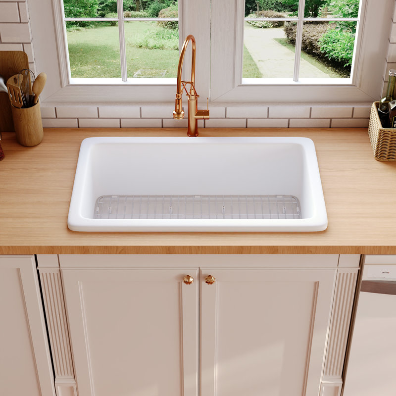 Rectangular Fireclay 32" L x 19" W Fireclay Undermount Kitchen Sink with Basket Strainer and Sink Grid, White