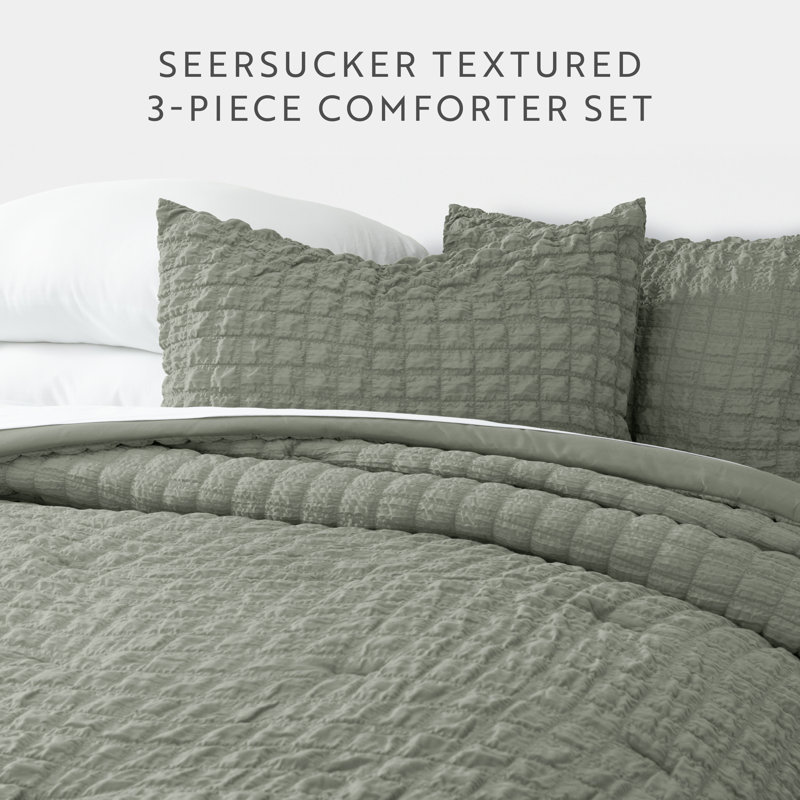Seersucker Textured Comforter Set, Full / Queen Comforter + 2 Shams, Willow Green