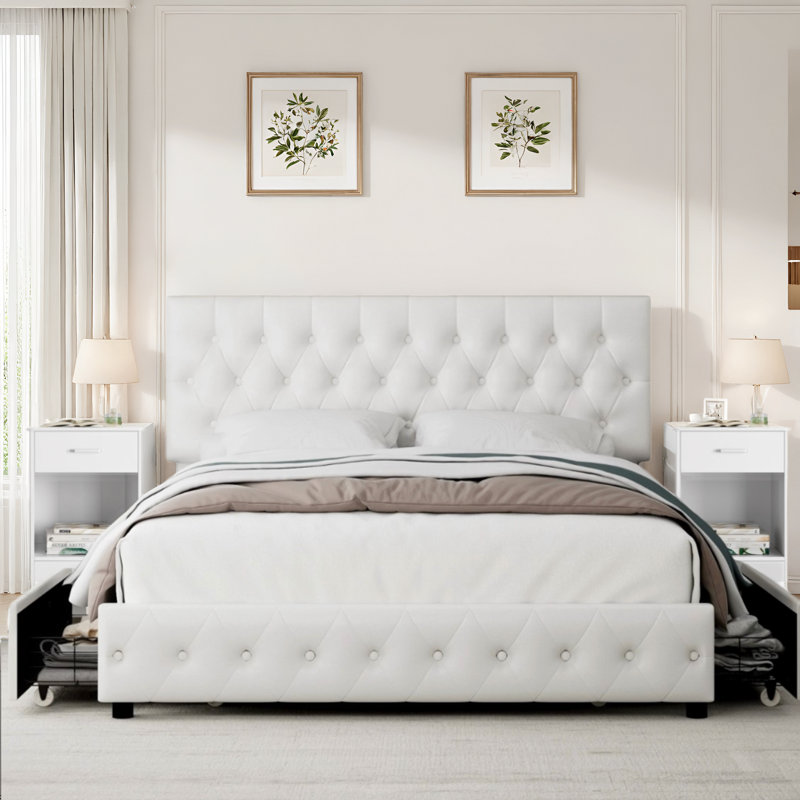 3-Piece Bedroom Set, PU Upholstered Bed with 4 Drawers + 2 Nightstands, Versatile Side Tables for Bedroom, Living Room, or Entryway