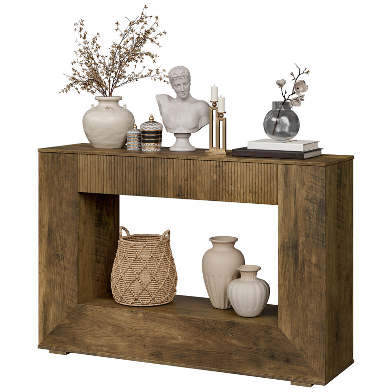 Farmhouse Entryway Table, Fluted Console Table With Storage, 47” Hallway Accent Desk, Handle-Less Drawers