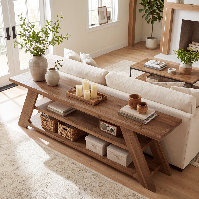 Console en bois massif de 180 cm (70,87 po), table d'entrée extra longue à 3 niveaux