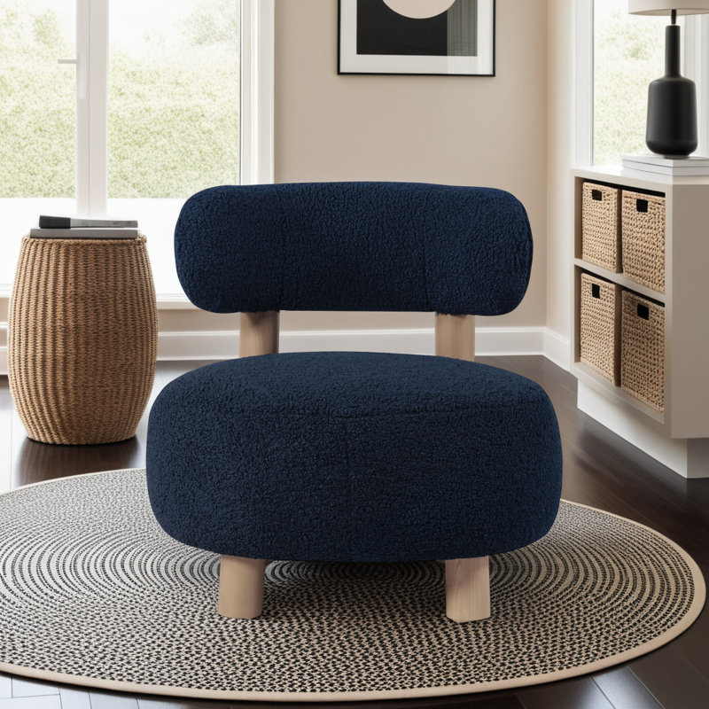 Chaise d'appoint moderne à siège rond avec dossier mince et pieds en bois, Bleu