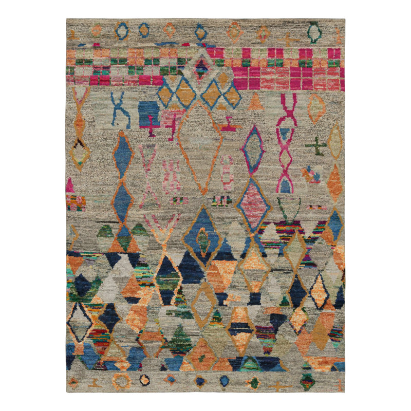 Moroccan Hand Knotted Geometric Area Rug, Rectangle 9' x 12'