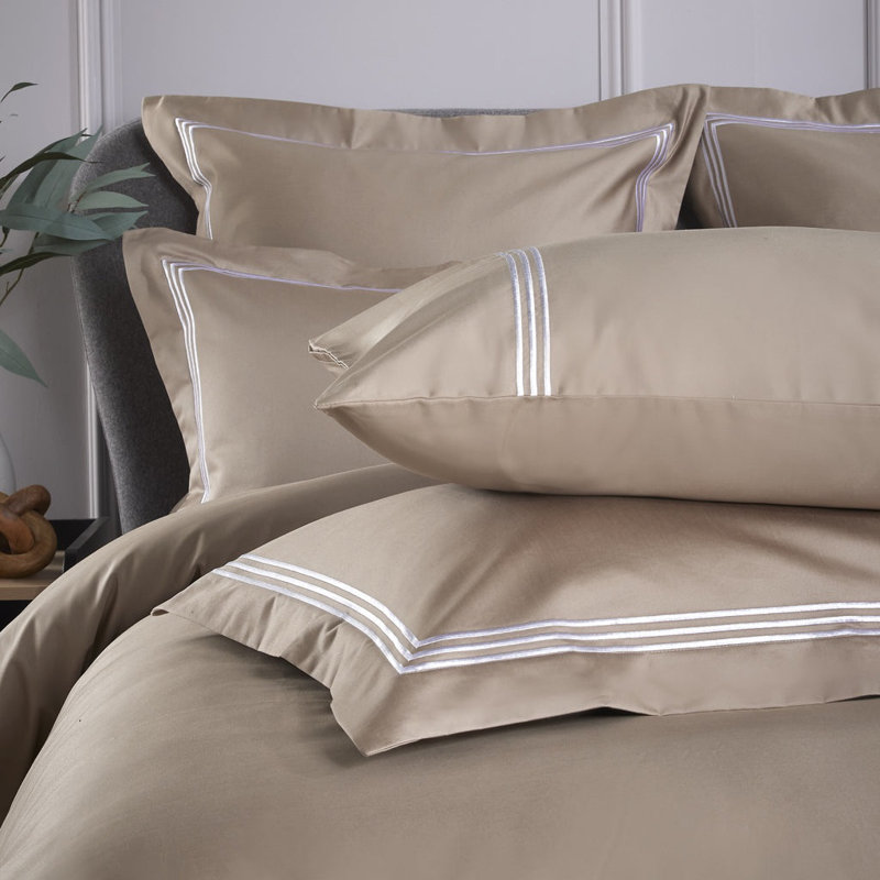 Cate 800 Thread Count Triple Row Cord Embroidered Sateen Pillow Cases, Flax/White