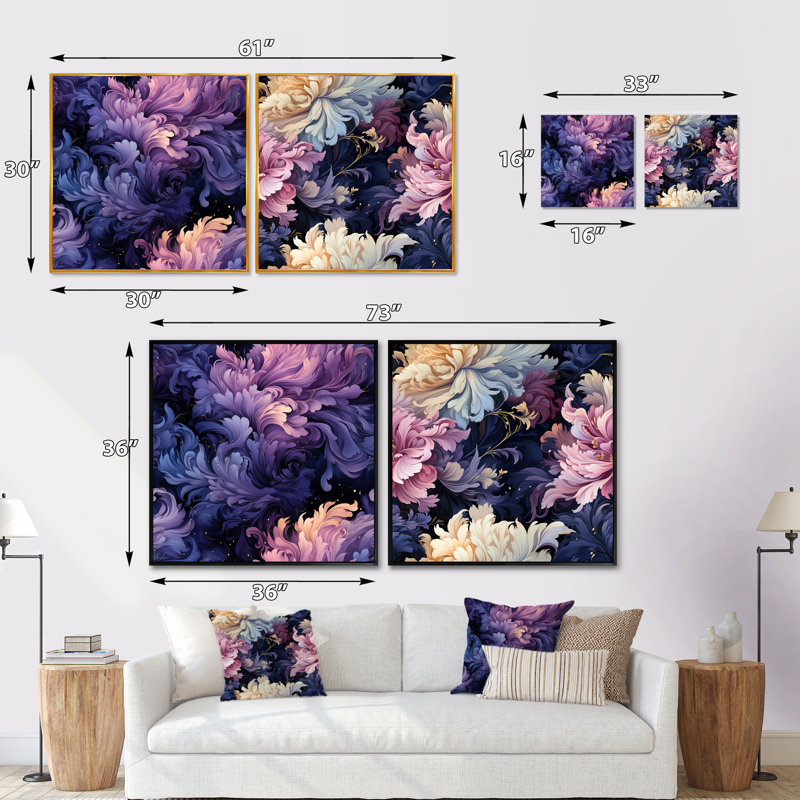 Daniella - Ensemble de 2 collages carrés botaniques abstraits, H 16 po x l 33 po, Cadre flottant blanc