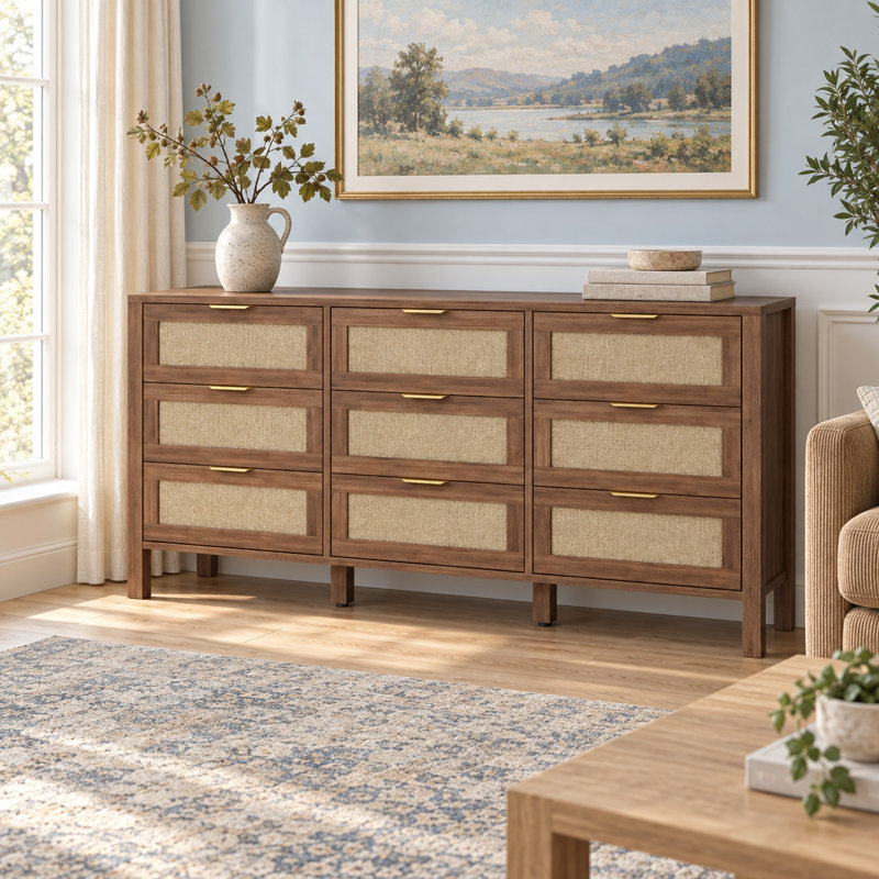 57.8" W 9-Drawer Dresser for Bedroom, Rattan Storage Dresser -Brown, 57.8" W, Brown