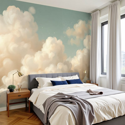 Boho Peel and Stick Wallpaper Fluffy Cream Clouds Soft Pastel Sky Wall Murals 100"H x 144"W Removable PVC Wall Paper Self-Adhesive Wall Decor for Nursery Classroom Kids Bedroom Living Room
