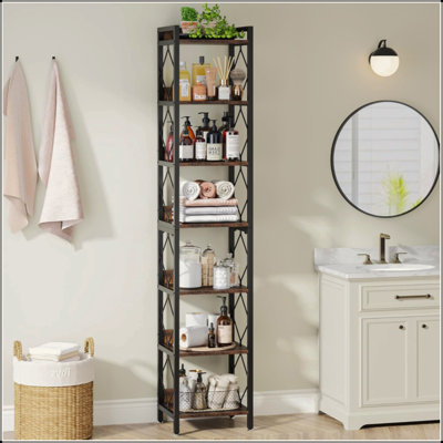 7-Tier Rustic Narrow Corner Bookshelf Storage Display Rack For Living Room, Bedroom