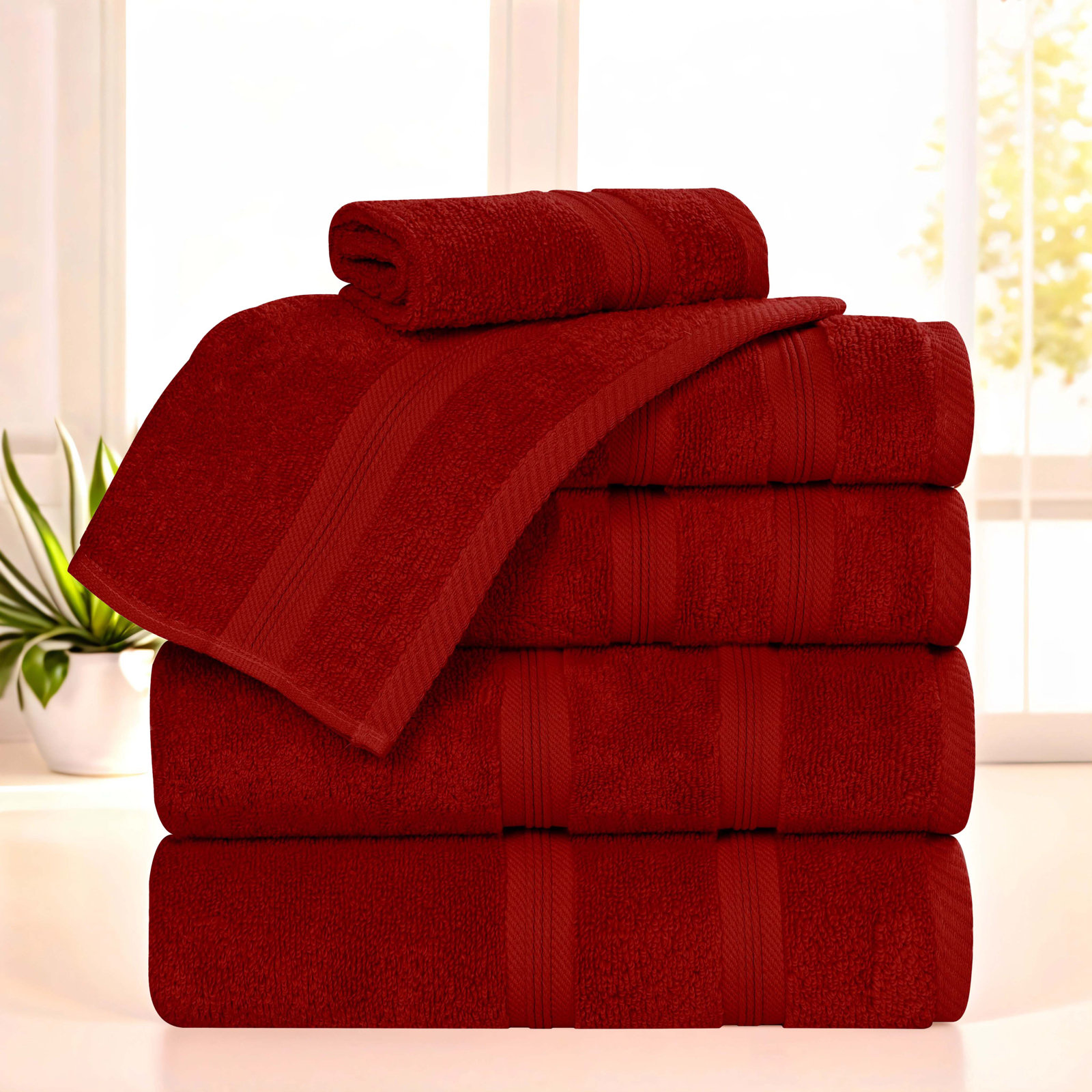 6-Piece Quick-Dry Cotton Towel Set, Crimson