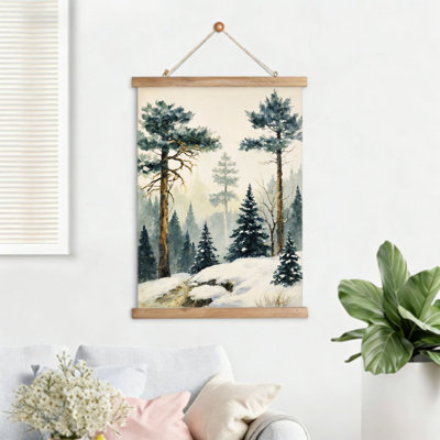 Twin Pines In Snow, Hanging Scroll Wall Art, 16 X 24, Built-In Wooden Hanger