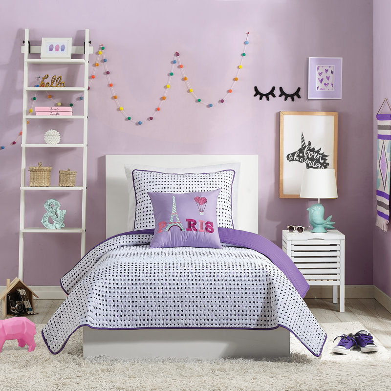Joceline Purple Polka Dot Kids & Teens Reversible Quilt Set, Full/Queen Quilt + 2 Standard Shams