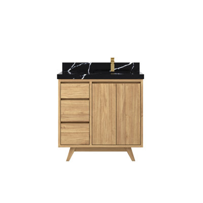 36 In. W X 22 In. D Madison Teak Bathroom Vanity Right Offset Sink In Light Natural With 2 In Calacatta Black -  Willow Collections, MDS_TK_LNT_CA_BK_36R