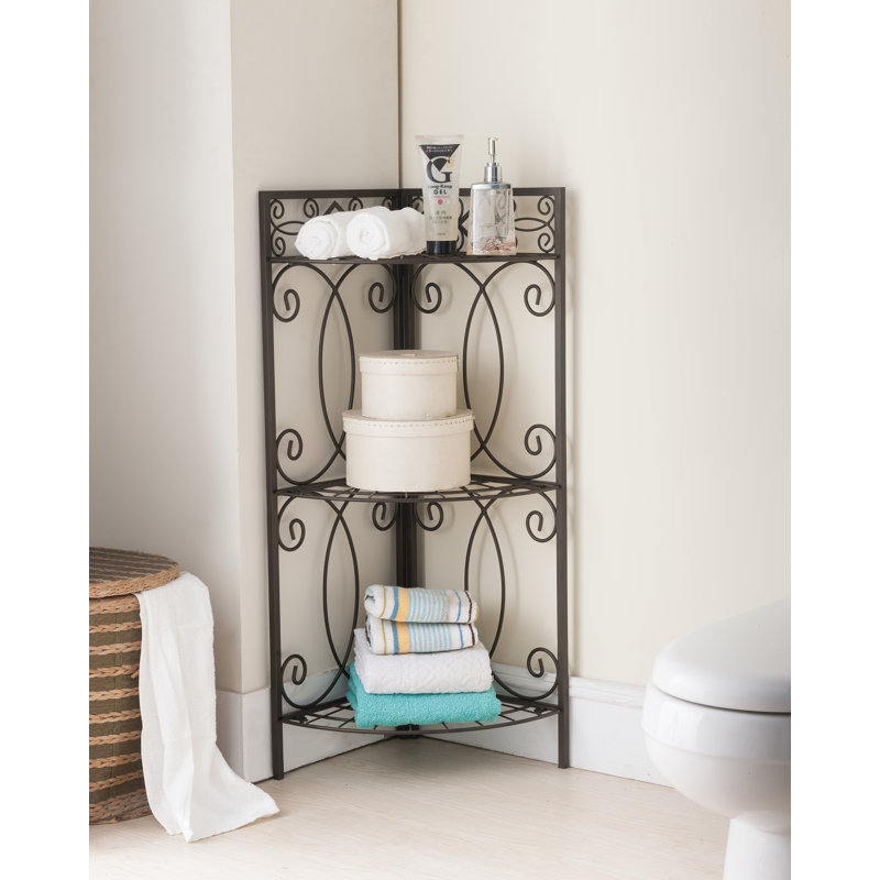 Étagère de salle de bain autoportante avec cadre en métal à volutes et deux tablettes ouvertes en tôle pour ranger les serviettes, le papier hygiénique et les fournitures de salle de bain dans les petites salles de bain ou pour les invités