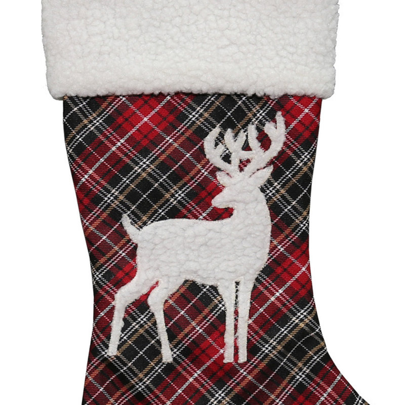 20" Black and Red Tartan Reindeer Christmas Stocking with Cuff