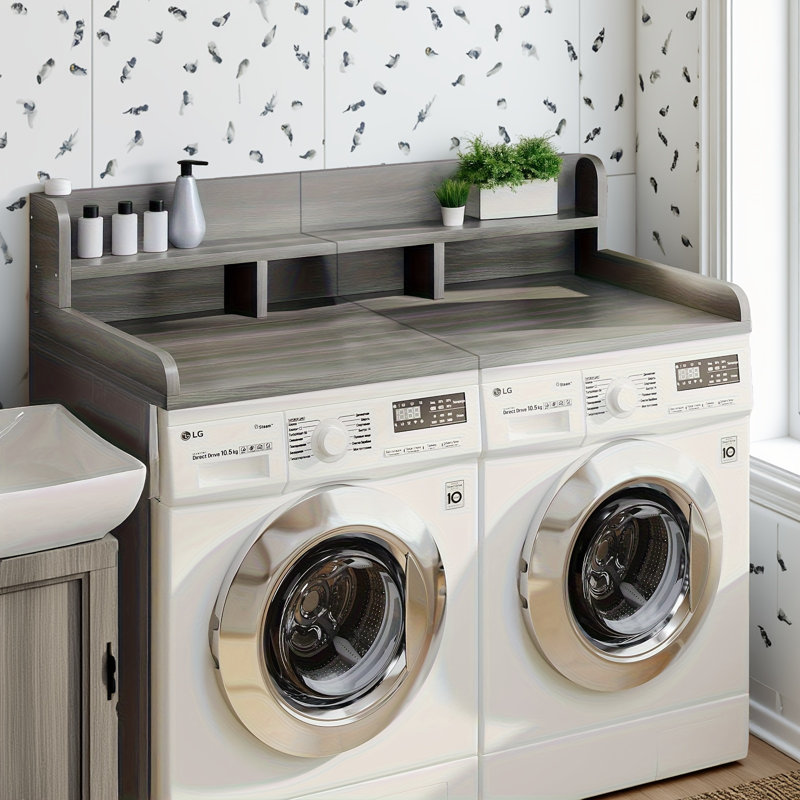 Laundry Washer Dryer Countertop Organizer Double Layer Mdf Shelf With Waterproof Surface, Gray/White Matte