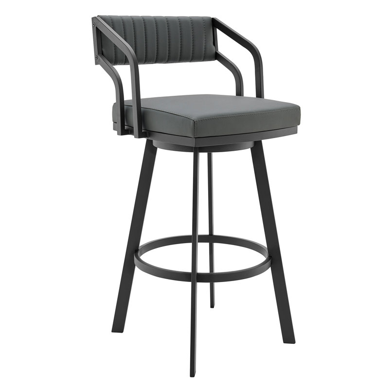 Atiksh Modern Swivel Counter or Bar Height Bar Stool with Footrest in Faux Leather and Metal, Gray, Black