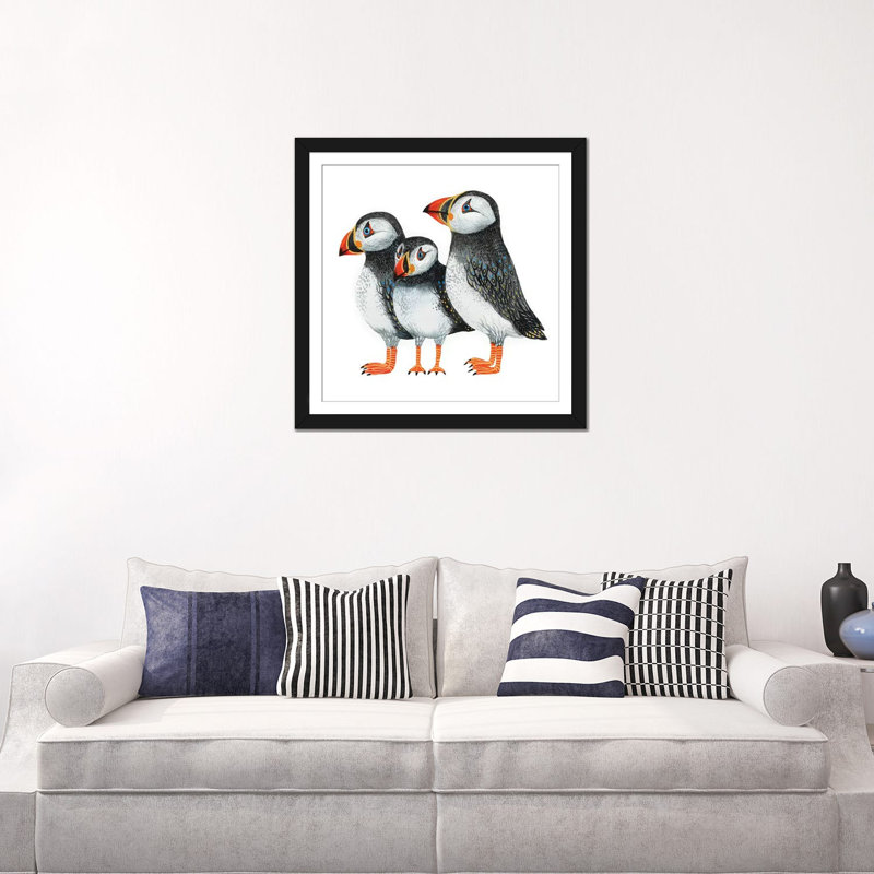« puffins », reproduction sur toile, H 24 po x l 24 po x P 1 po, Papier avec cadre noir, Blanc