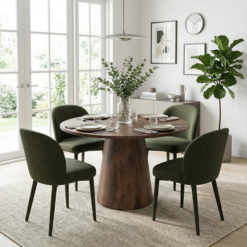 Modern Round Dining Table Set With Upholstered Chenille Dining Chairs, Pedestal Kitchen Table Set For 4, Green