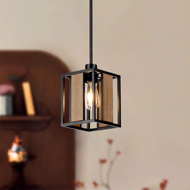 Luminaire suspendu rectangulaire en fer et bois, 1 Light