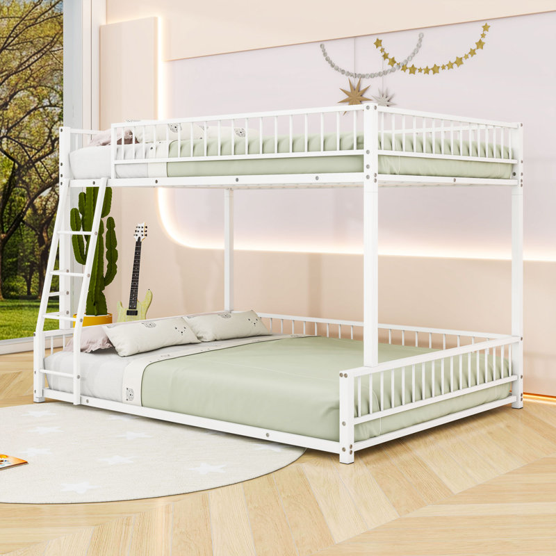 Metal Bunk Bed With Ladder And Guardrails, White, Full XL over Queen