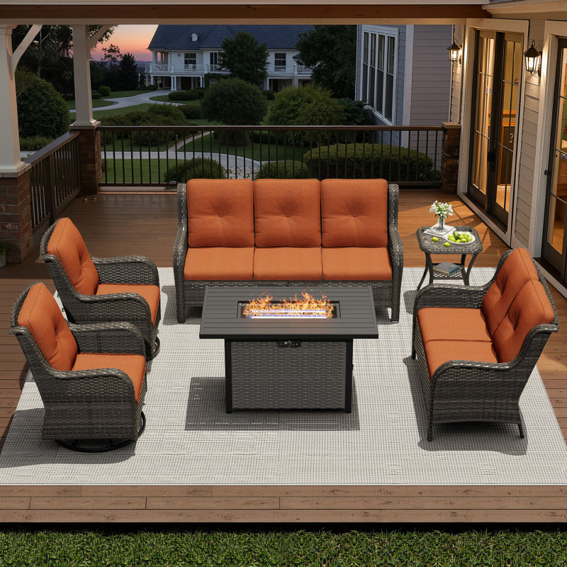 7-Person Outdoor Patio Conversation Rattan Seating Group With 2-In-1 Propane Fire Pit Table,2 Swivel Chairs and Orange Cushions