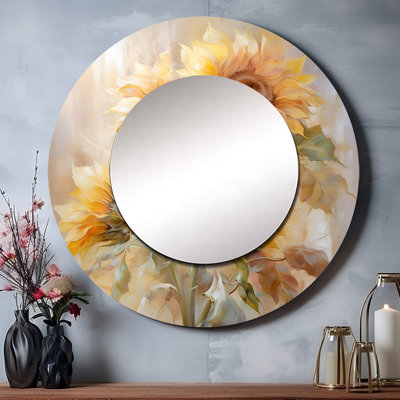Décoration murale romantique tournesol beige V - Miroir rond floral
